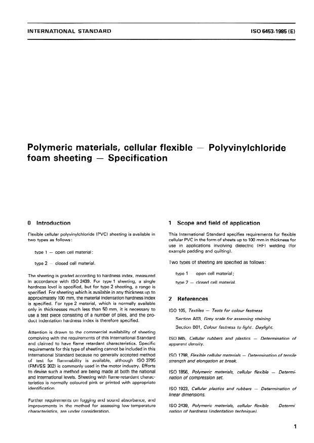ISO 6453:1985 - Polymeric materials, cellular flexible -- Polyvinylchloride foam sheeting -- Specification