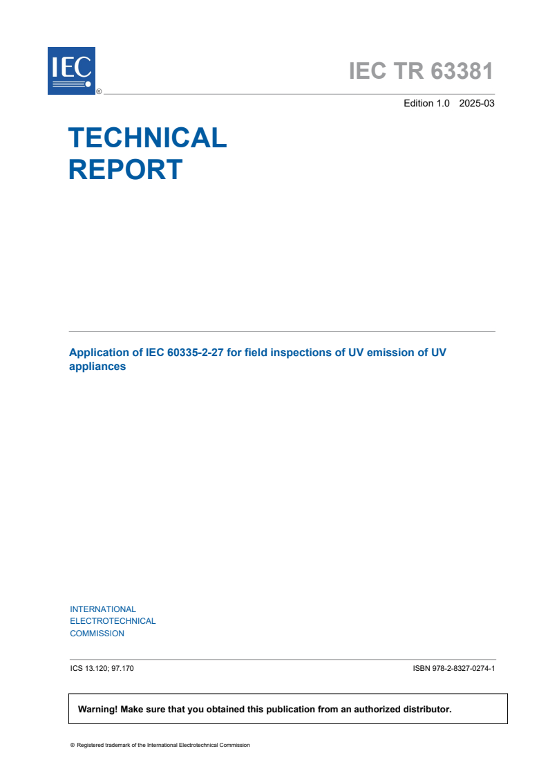 IEC TR 63381:2025 - Application of IEC 60335‑2‑27 for field inspections of UV emission of UV appliances
Released:5. 03. 2025
Isbn:9782832702741