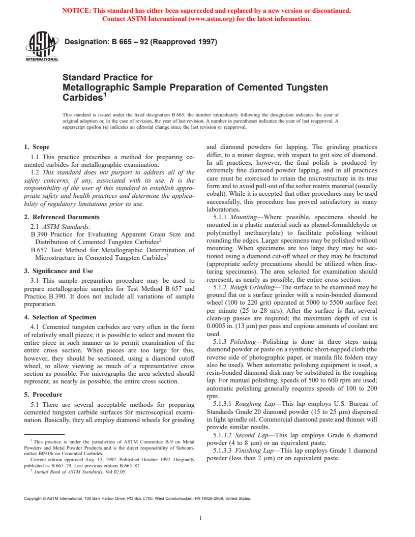 ASTM B665-92(1997) - Standard Practice for Metallographic Sample Preparation of Cemented Tungsten Carbides