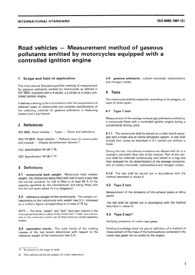 ISO 6460:1981 - Road vehicles -- Measurement method of gaseous pollutants emitted by motorcycles equipped with a controlled ignition engine