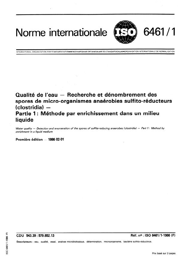 ISO 6461-1:1986 - Qualité de l'eau -- Recherche et dénombrement des spores de micro-organismes anaérobies sulfito-réducteurs (clostridia)