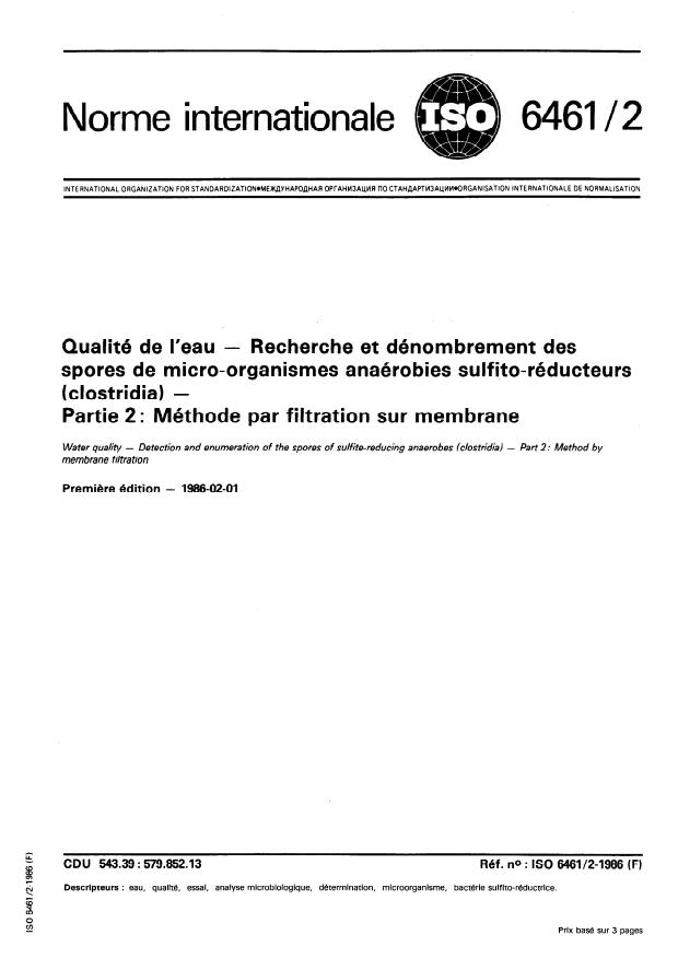 ISO 6461-2:1986 - Qualité de l'eau -- Recherche et dénombrement des spores de micro-organismes anaérobies sulfito-réducteurs (clostridia)