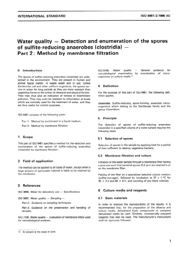 ISO 6461-2:1986 - Water quality -- Detection and enumeration of the spores of sulfite-reducing anaerobes (clostridia)