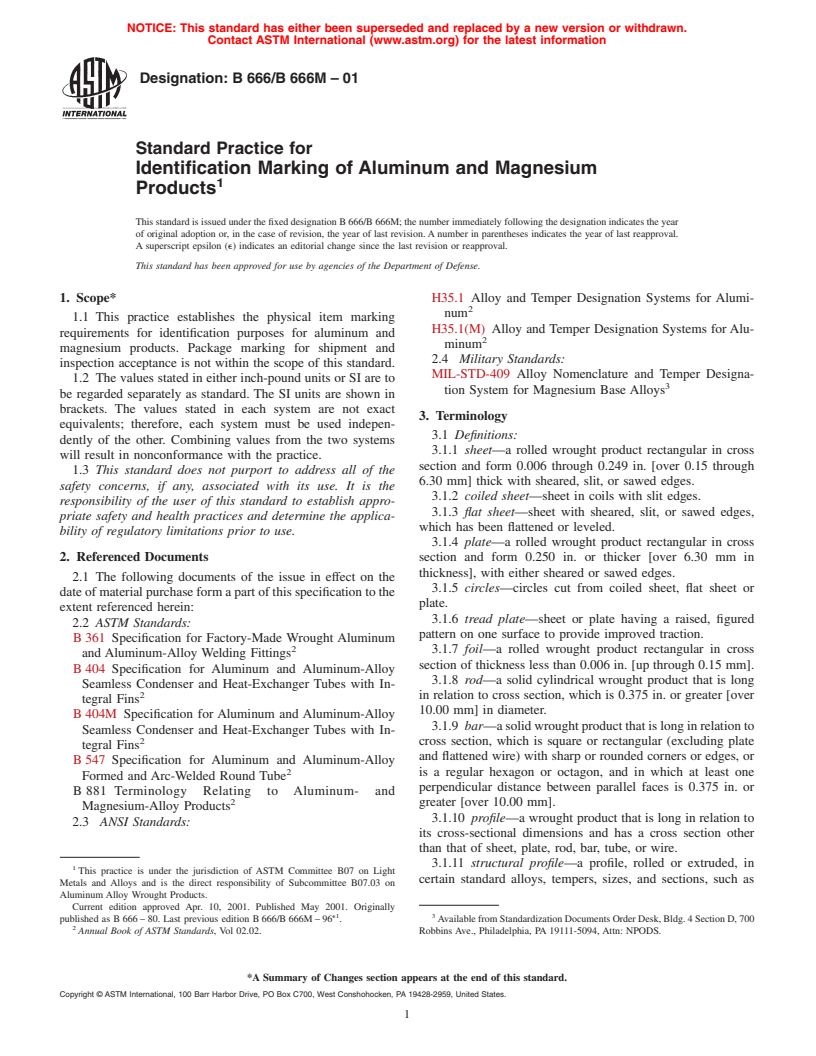 ASTM B666/B666M-01 - Standard Practice for Identification Marking of Aluminum and Magnesium Products