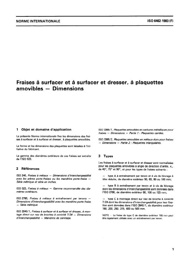 ISO 6462:1983 - Fraises a surfacer et a surfacer et dresser, a plaquettes amovibles -- Dimensions