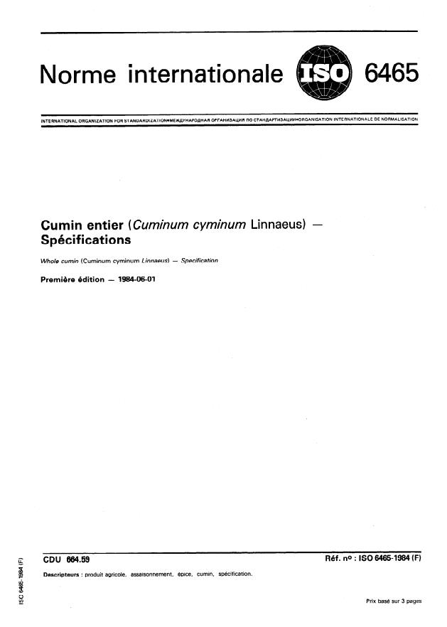 ISO 6465:1984 - Cumin entier (Cuminum cyminum Linnaeus) -- Spécifications
