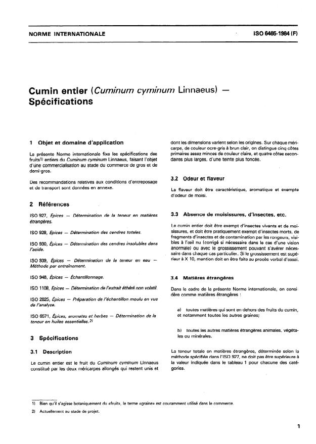 ISO 6465:1984 - Cumin entier (Cuminum cyminum Linnaeus) -- Spécifications