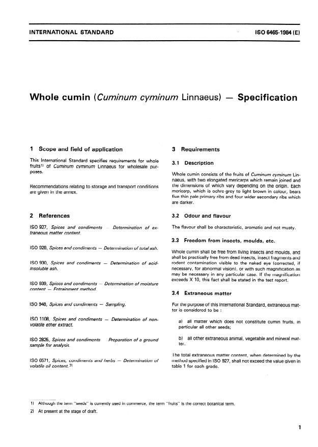 ISO 6465:1984 - Whole cumin (Cuminum cyminum Linnaeus) -- Specification