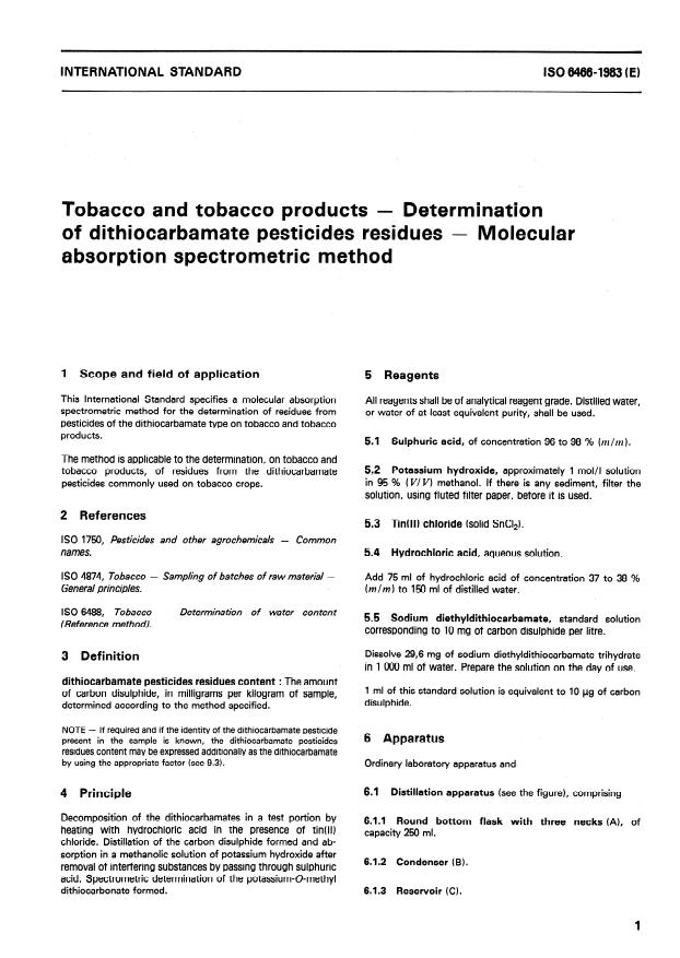 ISO 6466:1983 - Tobacco and tobacco products -- Determination of dithiocarbamate pesticides residues -- Molecular absorption spectrometric method