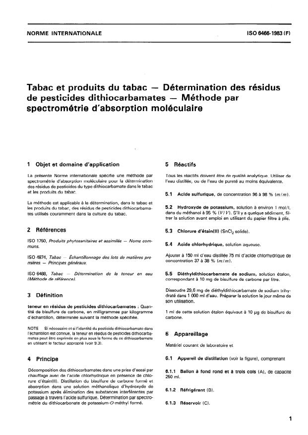 ISO 6466:1983 - Tabac et produits du tabac -- Détermination des résidus de pesticides dithiocarbamates -- Méthode par spectrométrie d'absorption moléculaire