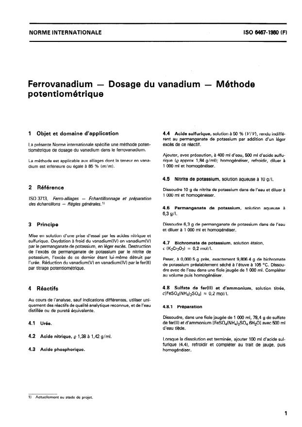 ISO 6467:1980 - Ferro-vanadium -- Dosage du vanadium -- Méthode potentiométrique