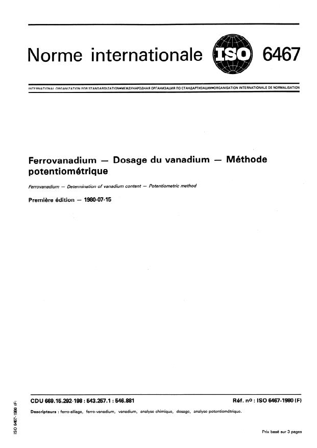 ISO 6467:1980 - Ferro-vanadium -- Dosage du vanadium -- Méthode potentiométrique