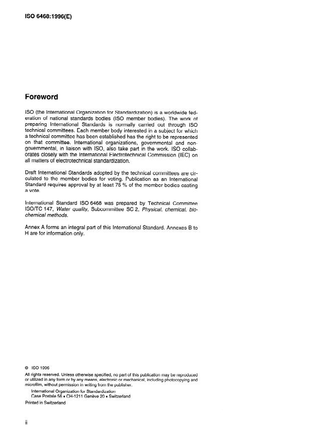 ISO 6468:1996 ISO 6468:1996 - Water quality -- Determination of certain organochlorine insecticides, polychlorinated biphenyls and chlorobenzenes -- Gas chromatographic method after liquid-liquid extraction - Page 2 preview