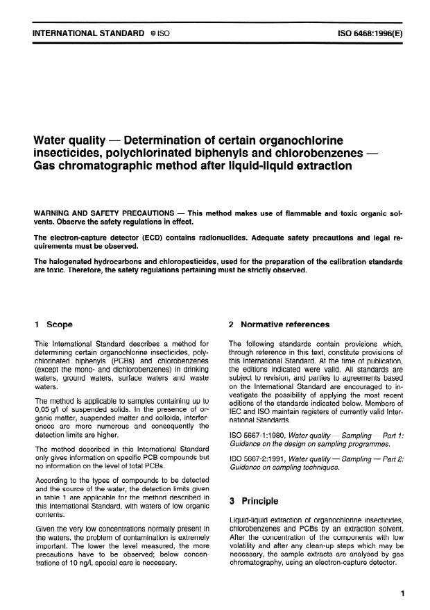 ISO 6468:1996 - Water quality -- Determination of certain organochlorine insecticides, polychlorinated biphenyls and chlorobenzenes -- Gas chromatographic method after liquid-liquid extraction