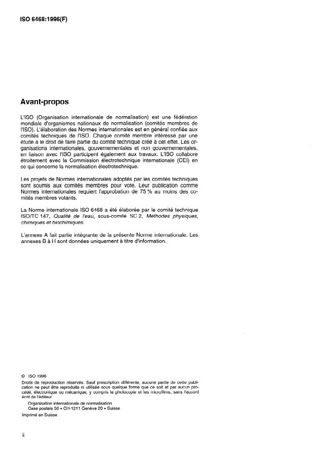 ISO 6468:1996 ISO 6468:1996 - Qualité de l'eau -- Dosage de certains insecticides organochlorés, des polychlorobiphényles et des chlorobenzenes -- Méthode par chromatographie en phase gazeuse apres extraction liquide-liquide - Page 2 preview