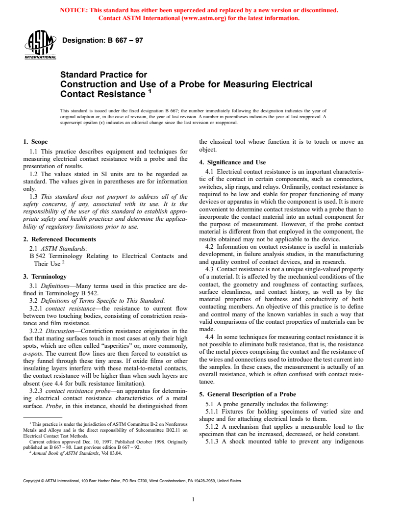ASTM B667-97 - Standard Practice for Construction and Use of a Probe for Measuring Electrical Contact Resistance