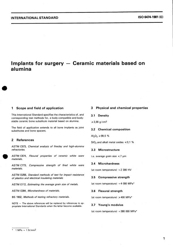 ISO 6474:1981 - Implants for surgery -- Ceramic materials based on alumina