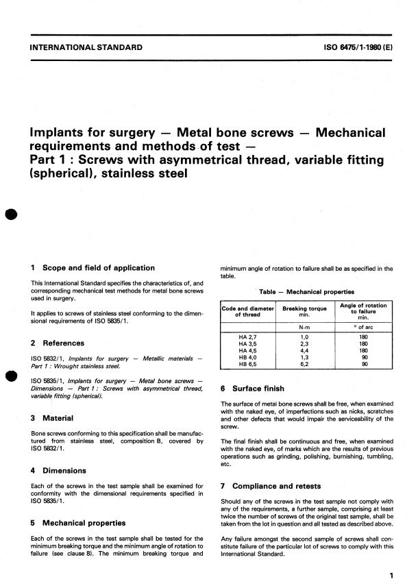 ISO 6475-1:1980 - Implants for surgery -- Metal bone screws -- Mechanical requirements and methods of test