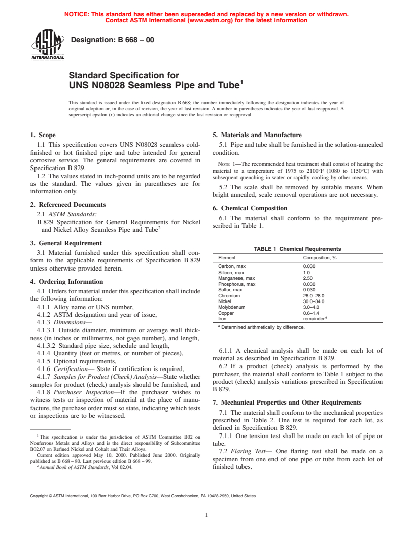 ASTM B668-00 - Standard Specification for UNS N08028 Seamless Pipe and Tube