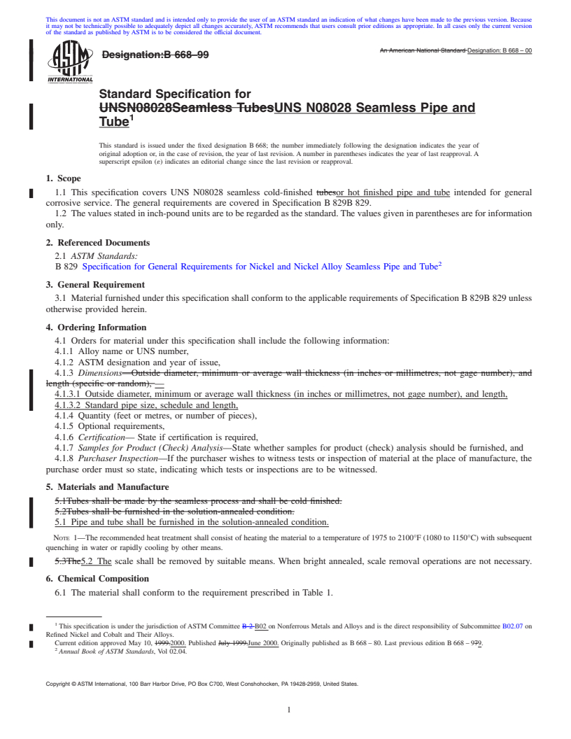 REDLINE ASTM B668-00 - Standard Specification for UNS N08028 Seamless Pipe and Tube