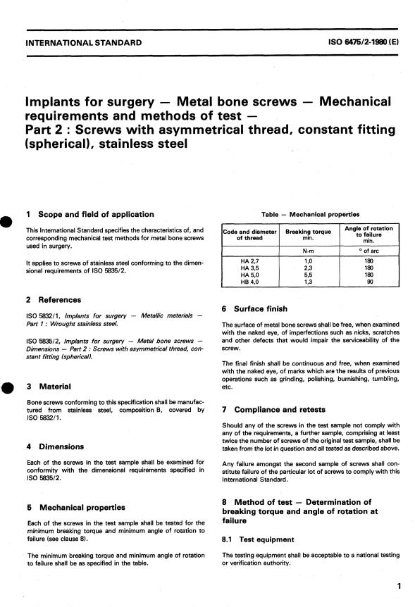 ISO 6475-2:1980 - Implants for surgery -- Metal bone screws -- Mechanical requirements and methods of test