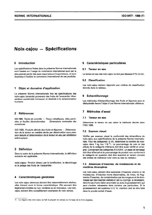 ISO 6477:1988 - Noix-cajou -- Spécifications