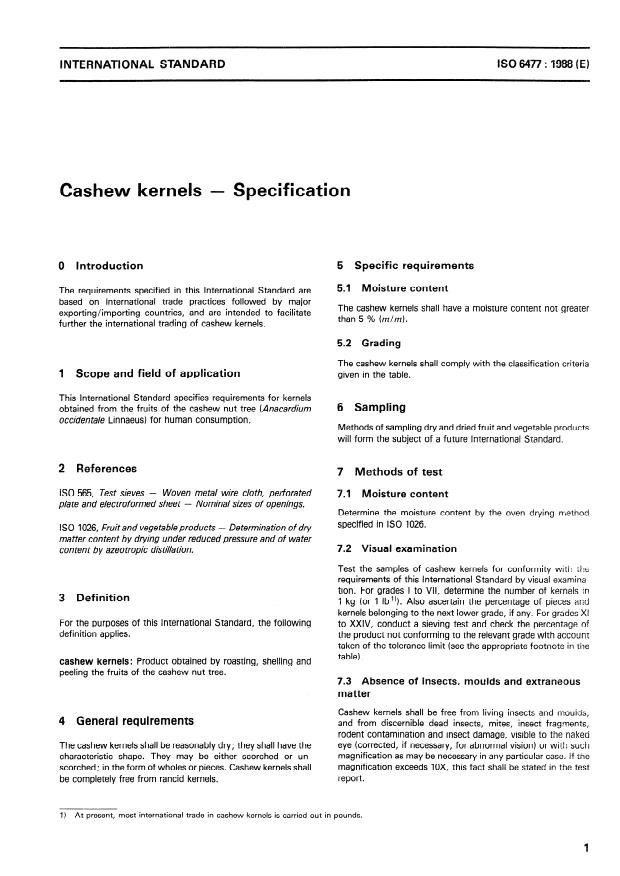 ISO 6477:1988 - Cashew kernels -- Specification