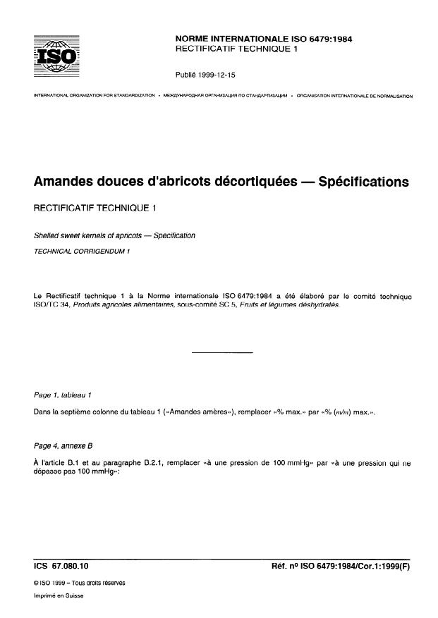 ISO 6479:1984 - Amandes douces d'abricots décortiquées -- Spécifications