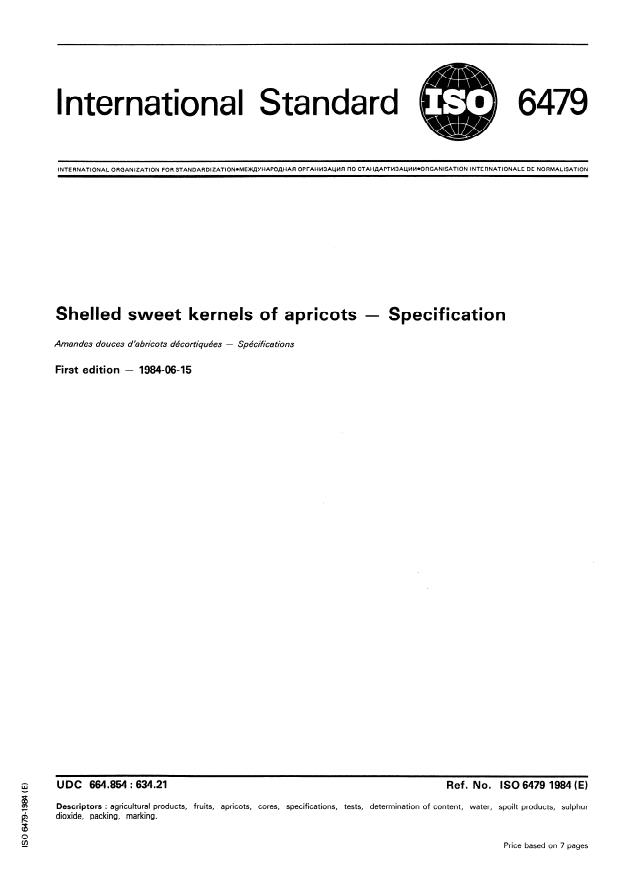 ISO 6479:1984 - Shelled sweet kernels of apricots -- Specification