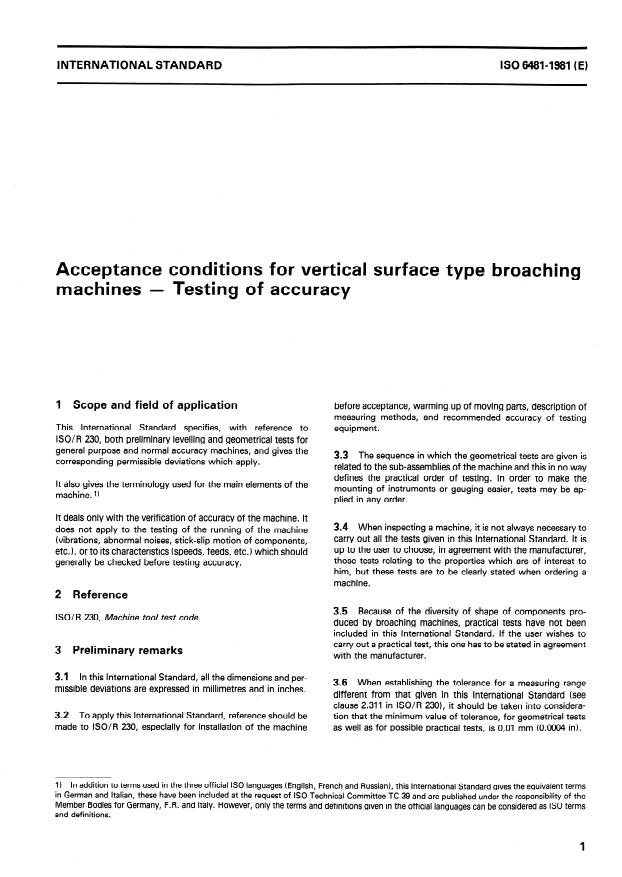 ISO 6481:1981 - Acceptance conditions for vertical surface type broaching machines -- Testing of accuracy