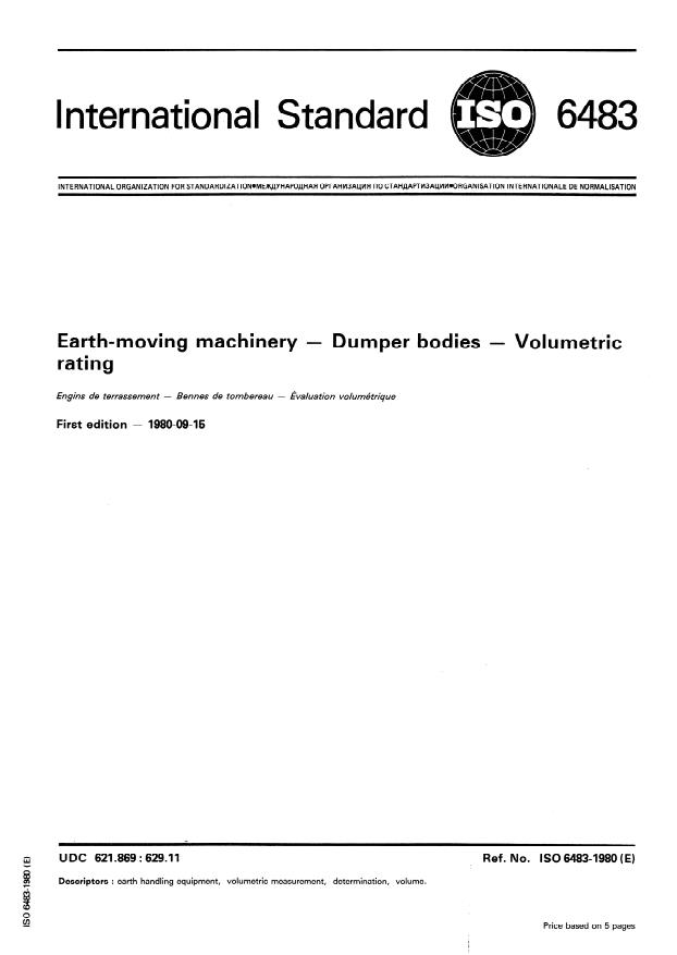 ISO 6483:1980 - Earth-moving machinery -- Dumper bodies -- Volumetric rating