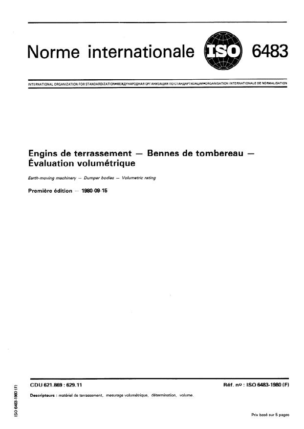 ISO 6483:1980 - Engins de terrassement -- Bennes de tombereau -- Évaluation volumétrique