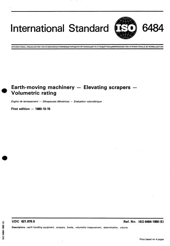 ISO 6484:1980 - Earth-moving machinery -- Elevating scrapers -- Volumetric rating