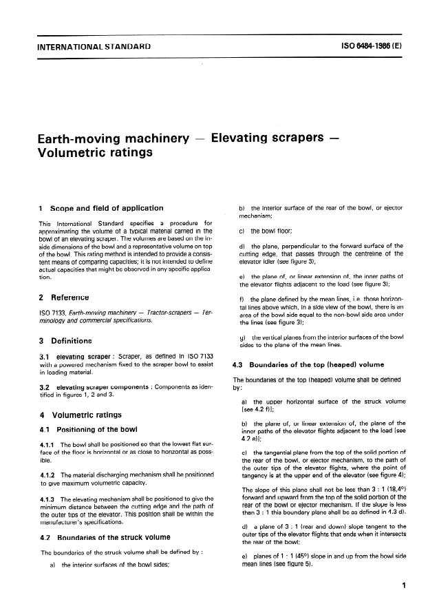 ISO 6484:1986 - Earth-moving machinery -- Elevating scrapers -- Volumetric ratings