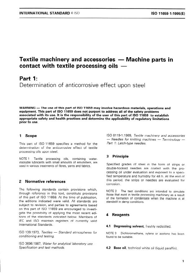 ISO 11659-1:1995 - Textile machinery and accessories -- Machine parts in contact with textile processing oils