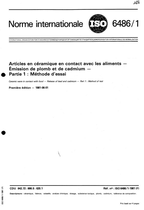 ISO 6486-1:1981 - Articles en céramique en contact avec les aliments -- Émission de plomb et de cadmium