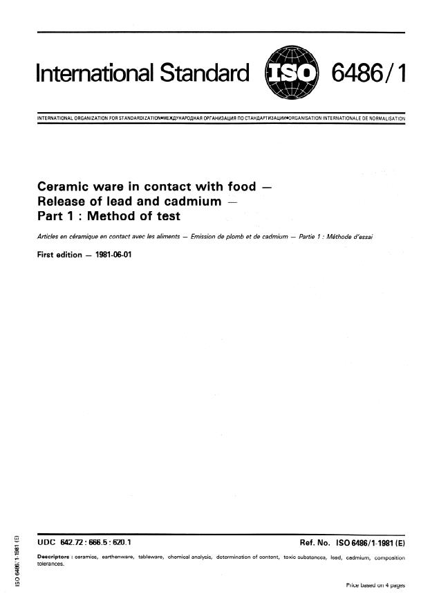 ISO 6486-1:1981 - Ceramic ware in contact with food -- Release of lead and cadmium
