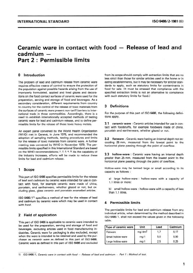 ISO 6486-2:1981 - Ceramic ware in contact with food -- Release of lead and cadmium
