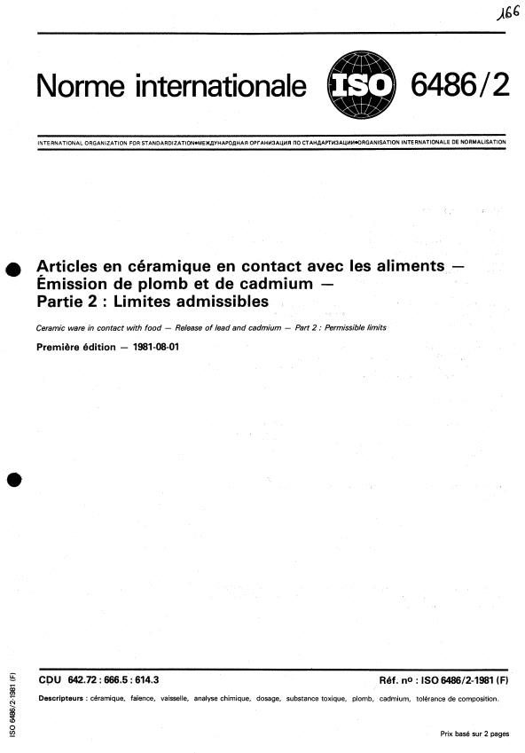 ISO 6486-2:1981 - Articles en céramique en contact avec les aliments -- Émission de plomb et de cadmium