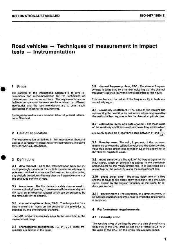 ISO 6487:1980 - Road vehicles -- Techniques of measurement in impact tests -- Instrumentation