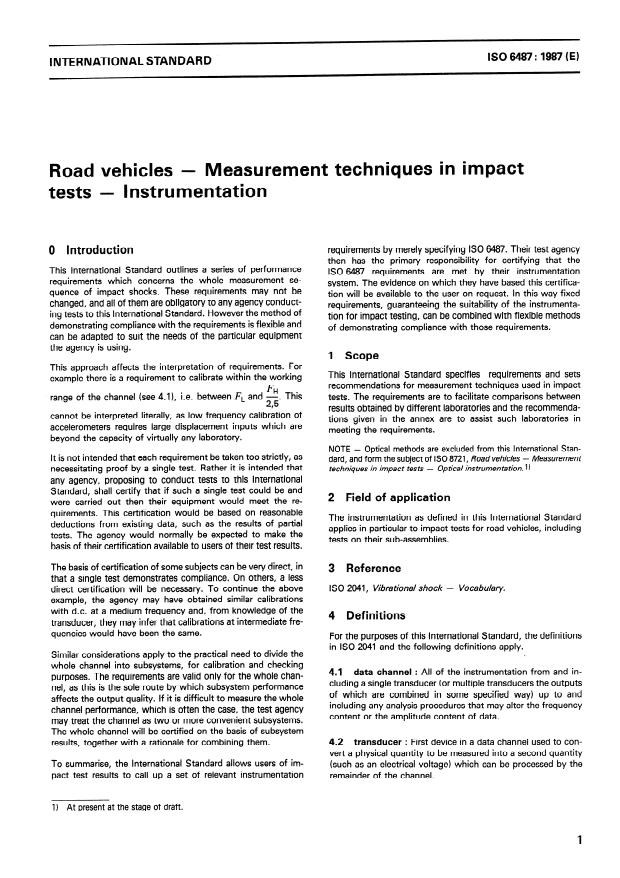 ISO 6487:1987 - Road vehicles -- Measurement techniques in impact tests -- Instrumentation