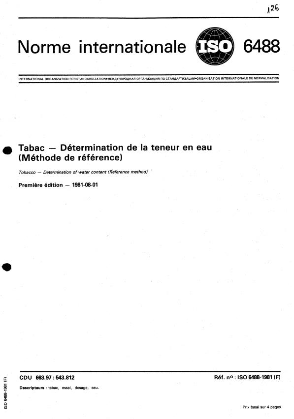 ISO 6488:1981 - Tabac -- Détermination de la teneur en eau (Méthode de référence)