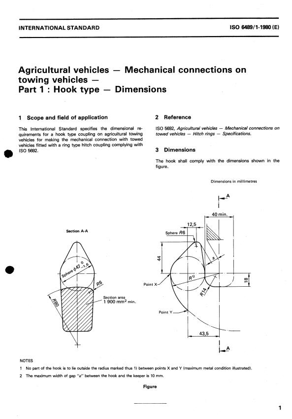ISO 6489-1:1980 - Agricultural vehicles -- Mechanical connections on towing vehicles