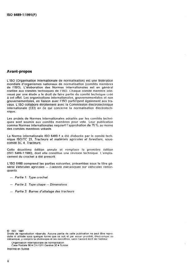 ISO 6489-1:1991 ISO 6489-1:1991 - Véhicules agricoles -- Liaisons mécaniques sur véhicules remorquants - Page 2 preview