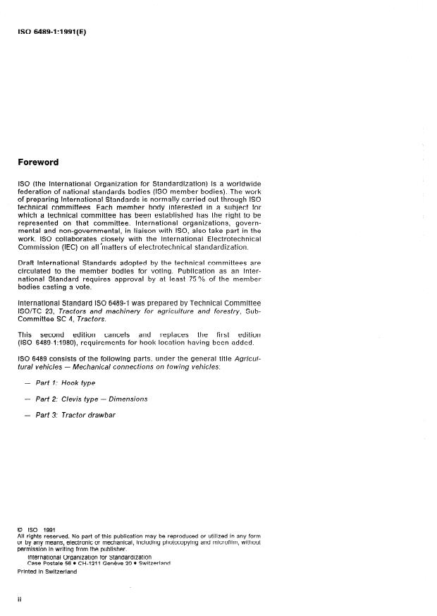 ISO 6489-1:1991 ISO 6489-1:1991 - Agricultural vehicles -- Mechanical connections on towing vehicles - Page 2 preview