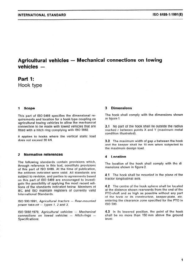 ISO 6489-1:1991 - Agricultural vehicles -- Mechanical connections on towing vehicles