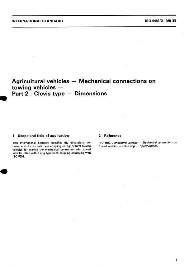 ISO 6489-2:1980 - Agricultural vehicles -- Mechanical connections on towing vehicles