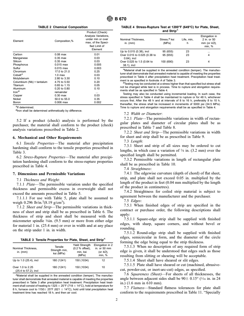 ASTM B670-95 - Standard Specification for Precipitation-Hardening Nickel Alloy (UNS N07718) Plate, Sheet, and Strip for High-Temperature Service