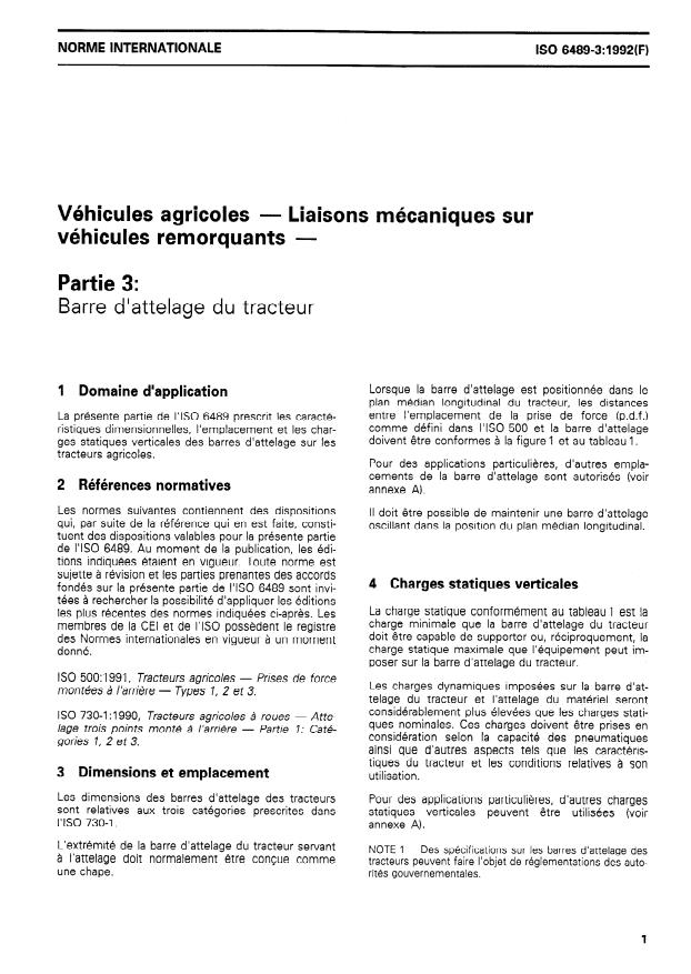 ISO 6489-3:1992 - Véhicules agricoles -- Liaisons mécaniques sur véhicules remorquants