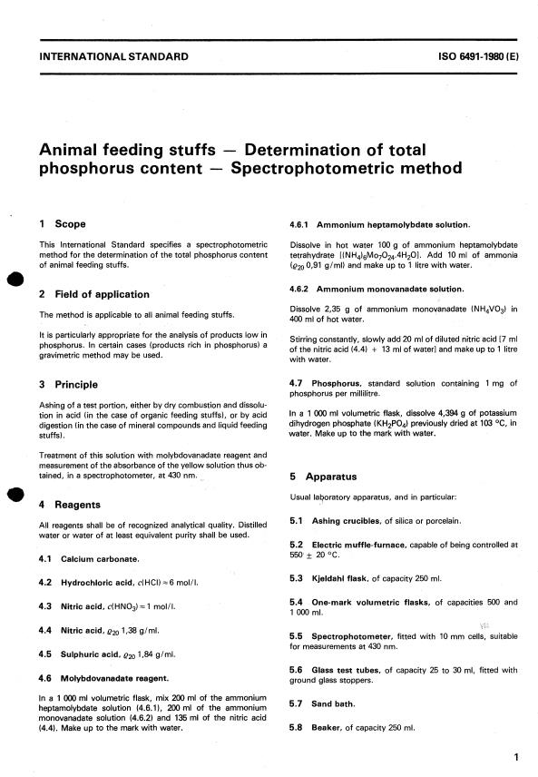 ISO 6491:1980 - Animal feeding stuffs -- Determination of total phosphorus content -- Spectrophotometric method